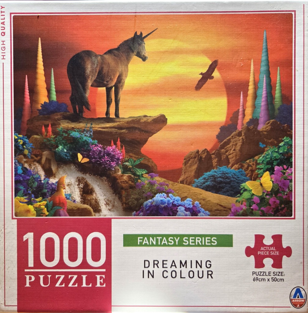 A fantasy landscape featuring a dark unicorn standing on a cliff at sunset with vibrant colorful flora and birds.
