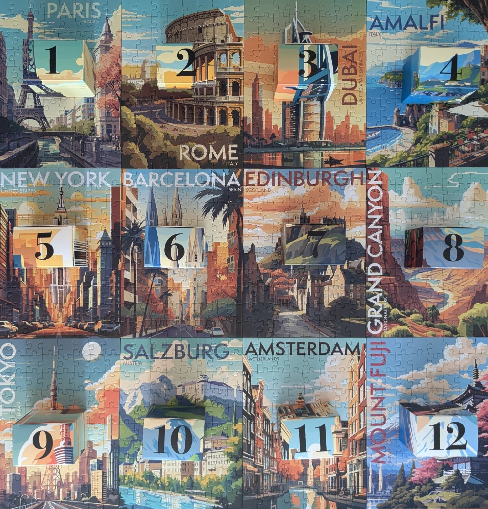A collage of vintage-style travel posters depicting famous world landmarks and cities.
