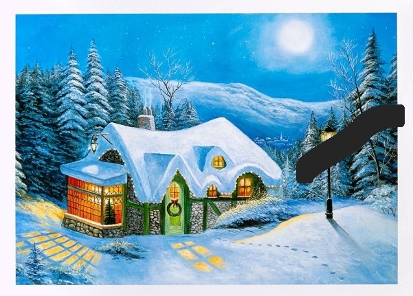 A cozy, snow-covered cottage glowing at night in a wintry forest landscape under a full moon.