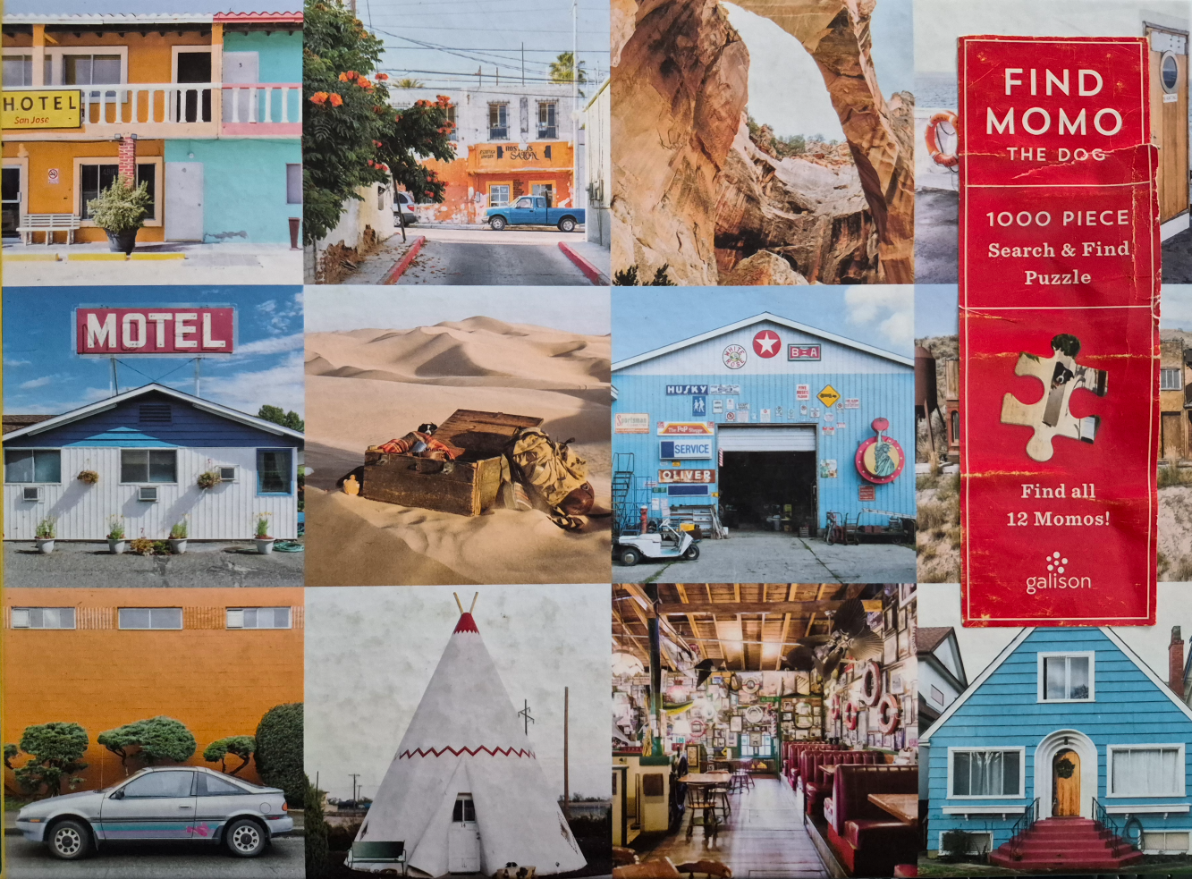 A collage of 12 photographs featuring outdoor landscapes, motels, and varied buildings, with a red text panel on the right.