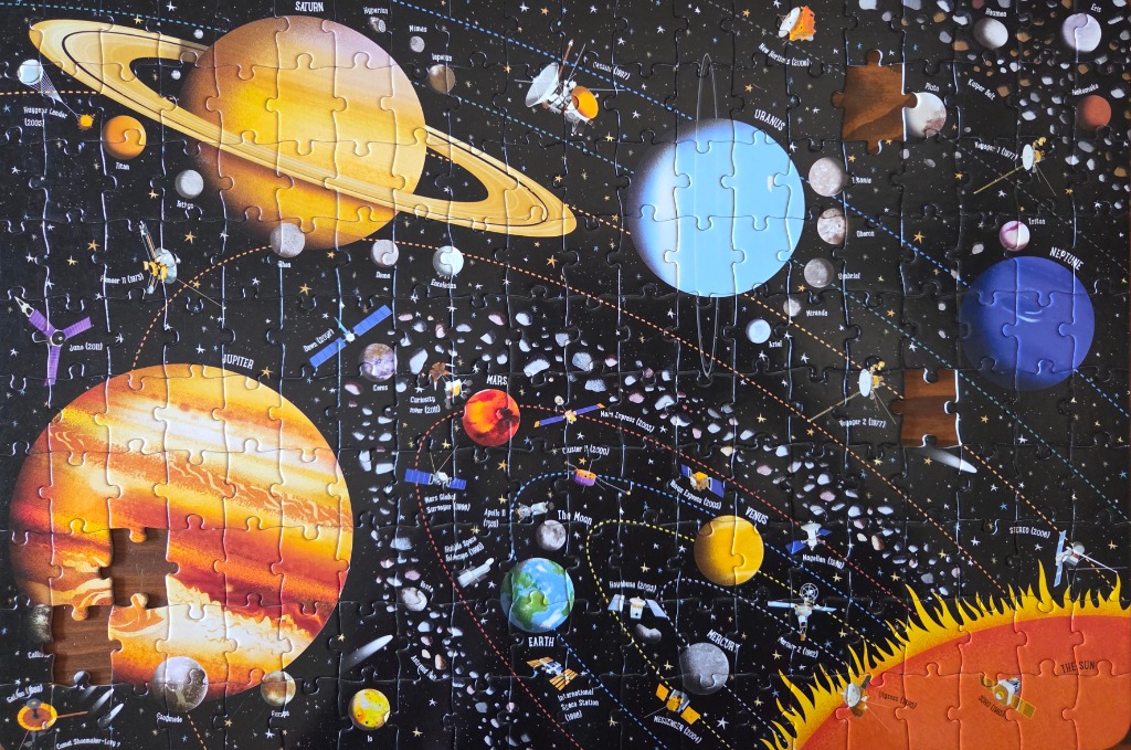 An illustrated map of the solar system featuring planets, the Sun, and various spacecraft against a black starry background.