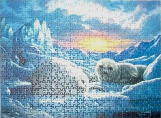 A fluffy white harp seal pup resting in a snow-covered arctic landscape at sunset.
