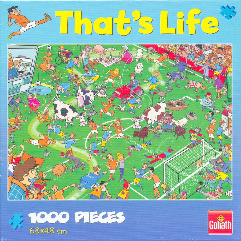 A busy cartoon illustration of a chaotic football field featuring cows, farm animals, and dozens of people.