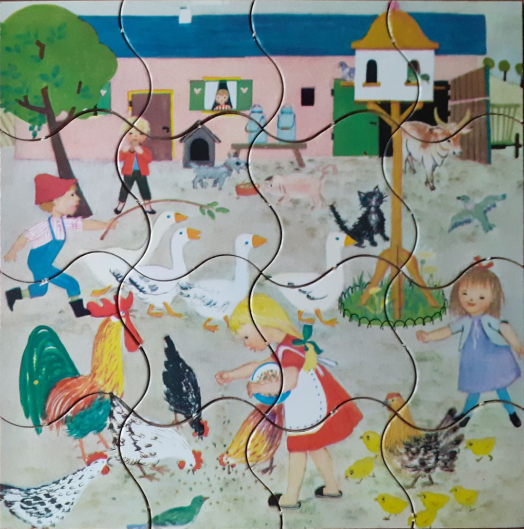 Children playing in a farmyard with geese, chickens, and a cow, in a whimsical storybook illustration style.