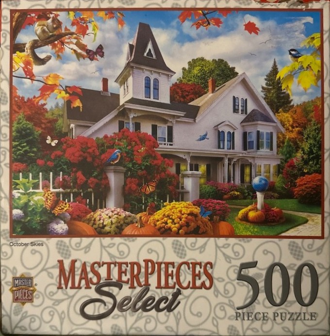 A charming Victorian house surrounded by vibrant autumn flowers, pumpkins, and visiting wildlife.