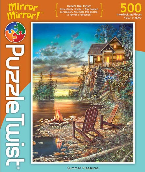 A log cabin on a cliff overlooking a lake at sunset with a campfire and two Adirondack chairs in the foreground.