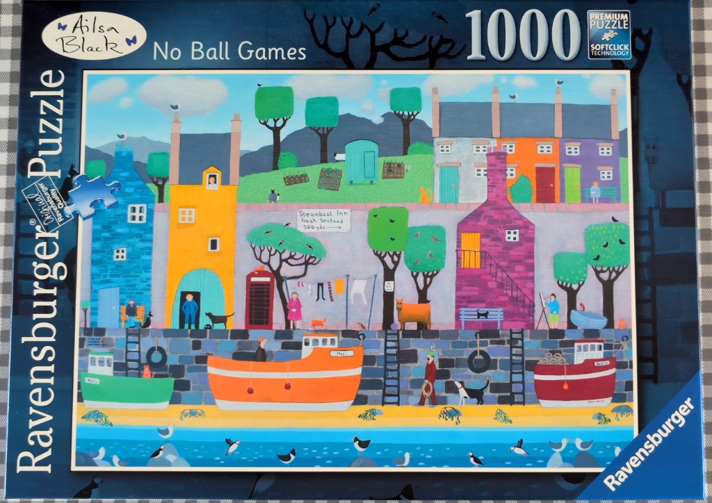 Whimsical painting of a quaint seaside harbor town with colorful houses, boats, and figures.