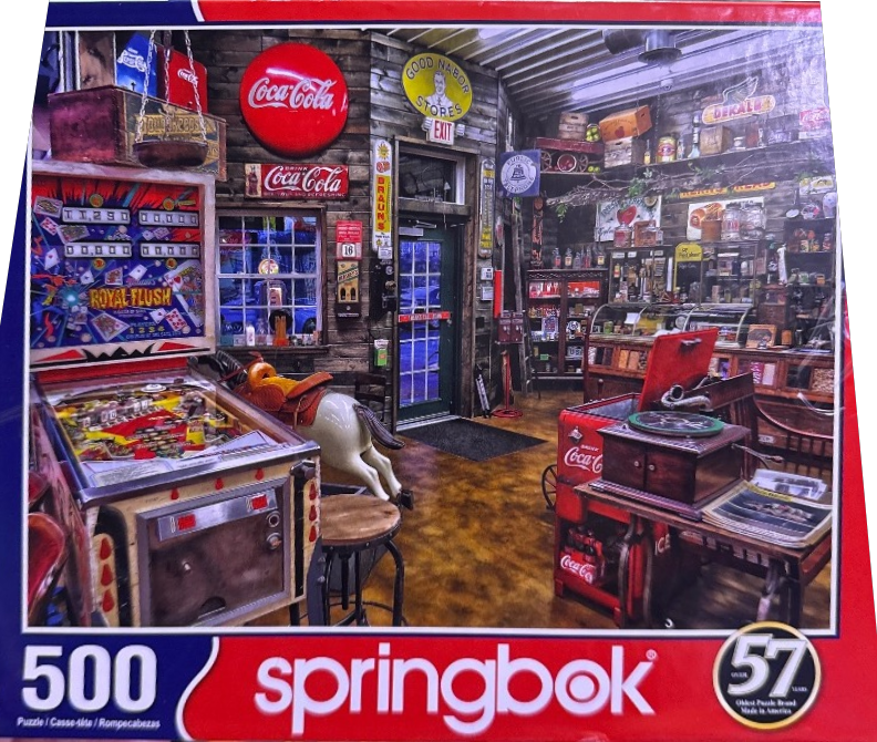 A nostalgic interior view of a vintage general store featuring a pinball machine and retro Americana decor.