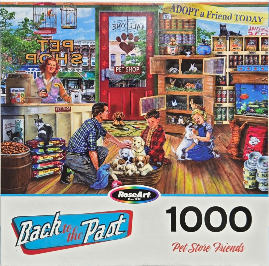 An illustration of a retro pet shop scene featuring a clerk, a family, and many animals.