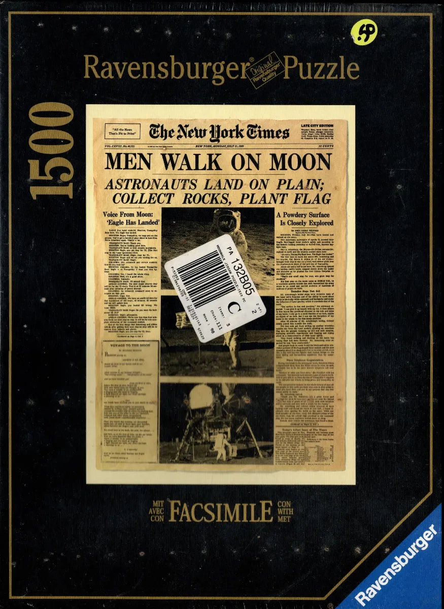 A vintage newspaper front page from The New York Times dated July 21, 1969, featuring the moon landing headline.