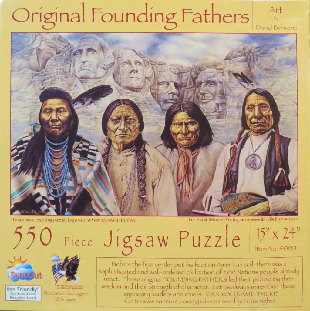 Painting of four Native American chiefs in the foreground with Mount Rushmore in the background.