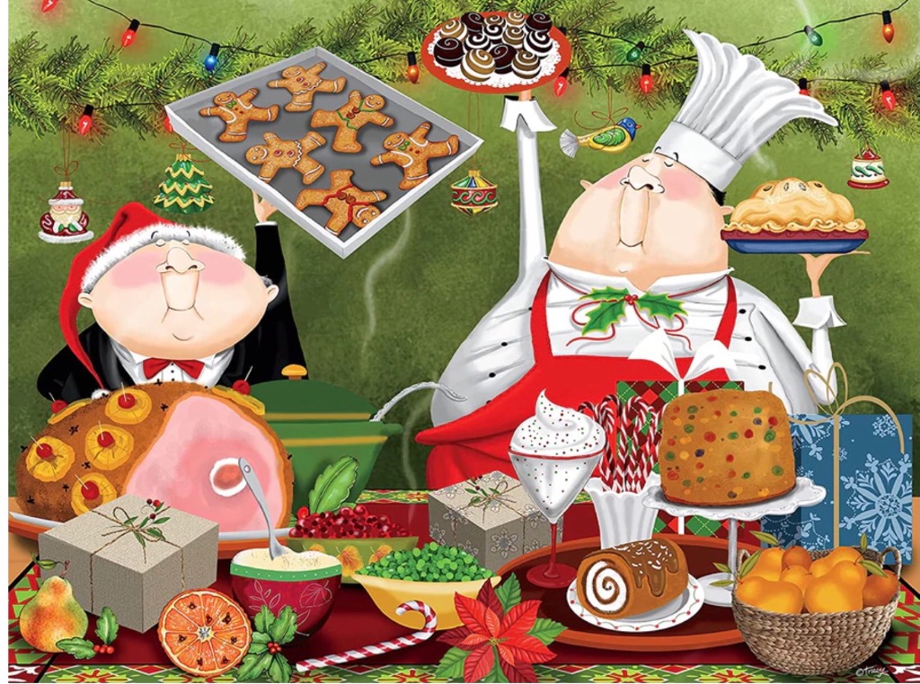 Two cartoon characters serving a large Christmas feast with holiday foods and decorations.
