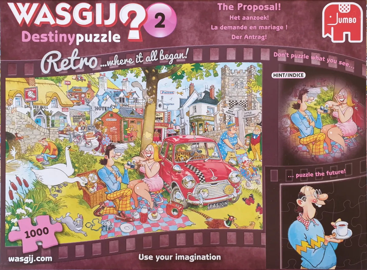 Cartoon illustration of a couple picnicking in a busy village scene with a red car.