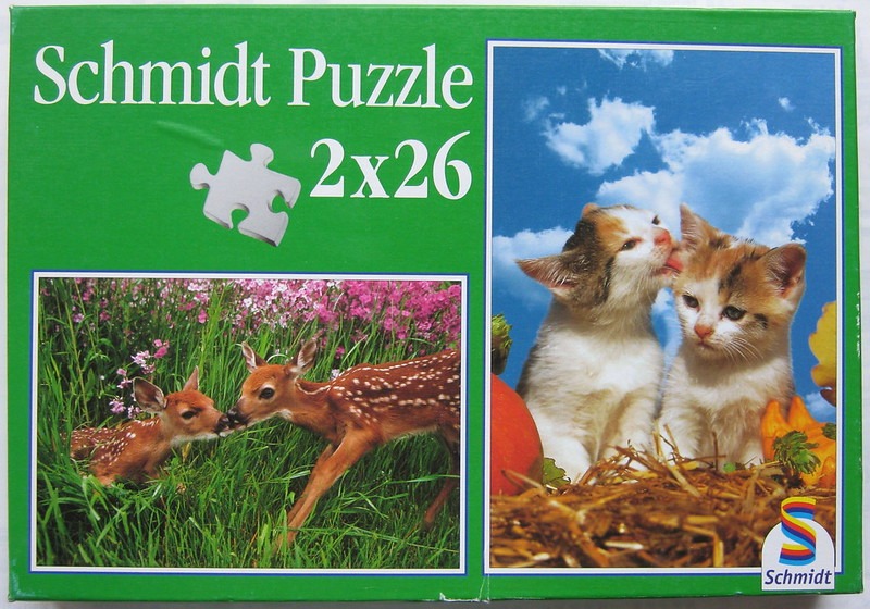 Two side-by-side nature scenes featuring a pair of fawns in a meadow and two calico kittens sitting in straw.