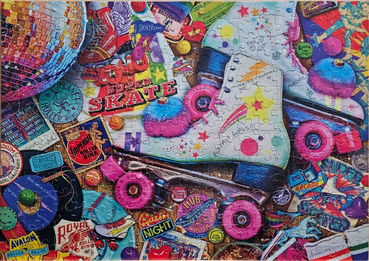 A vibrant collage of vintage roller skating imagery, including skates, disco balls, and retro roller rink memorabilia.