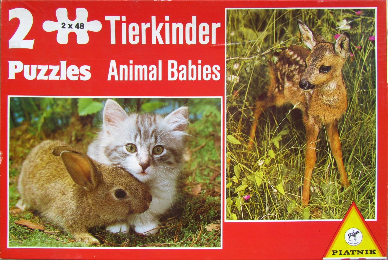 Two photographic images of baby animals: a rabbit with a kitten, and a fawn standing in tall grass.