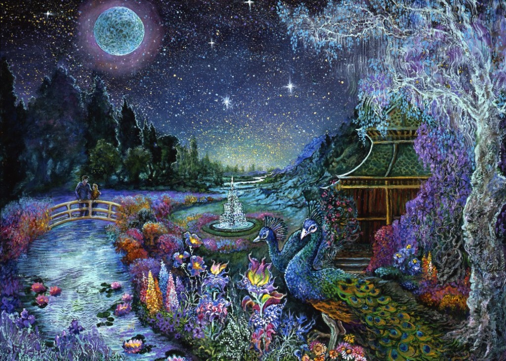 A couple on a bridge in a lush, moonlit garden with two peacocks in the foreground and a sparkling starry sky.