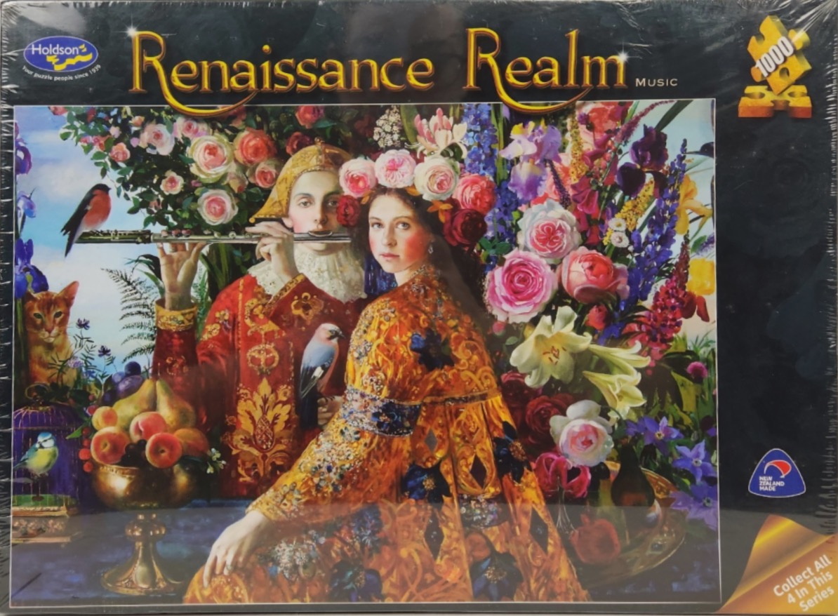 A lush, detailed illustration featuring a Renaissance-style man playing a flute and a woman adorned with flower crowns.