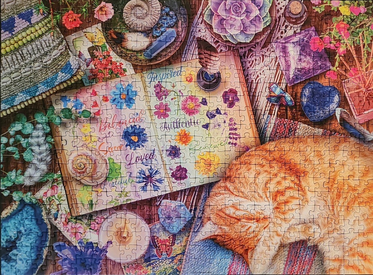 A cozy overhead scene featuring a sleeping orange cat next to an open notebook filled with floral illustrations and text.