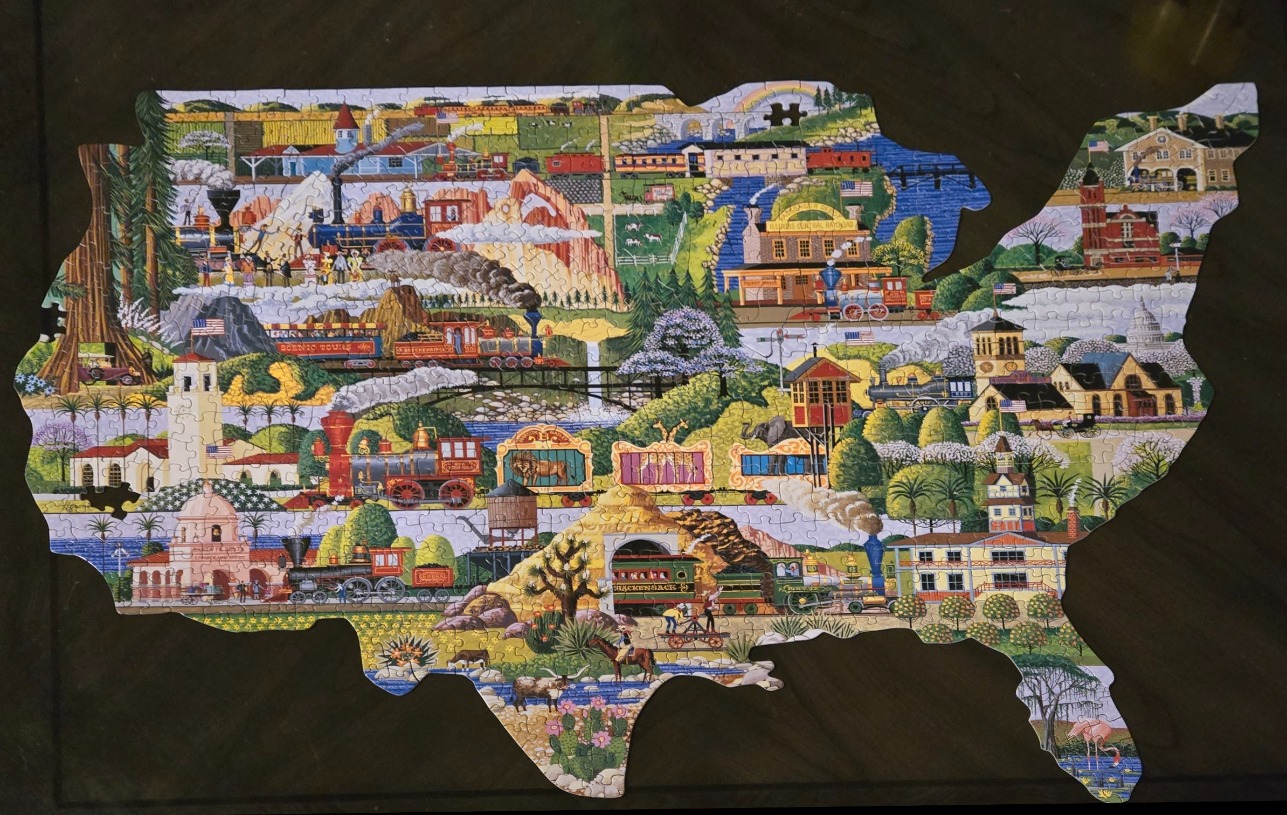 A whimsical map of the United States shaped like the country, filled with vintage trains and diverse landscapes.