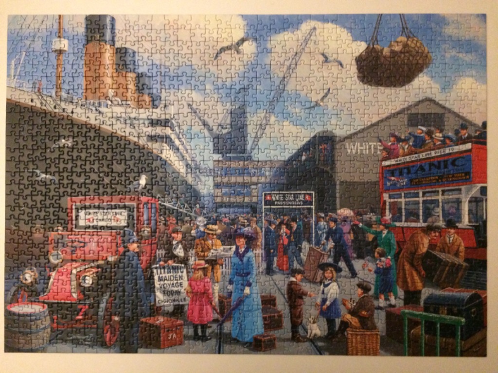 Historical painting of people boarding the Titanic at a busy dockside, with a red double-decker bus and cargo crates.
