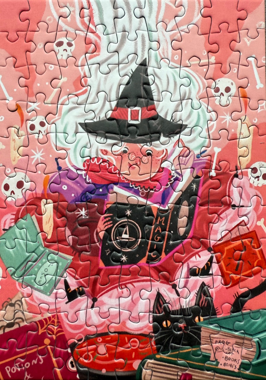 Illustration of a whimsical witch reading a magic book surrounded by skulls, candles, and a black cat.