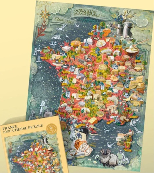 Illustrated map of France featuring various regional cheeses and pastoral scenes.