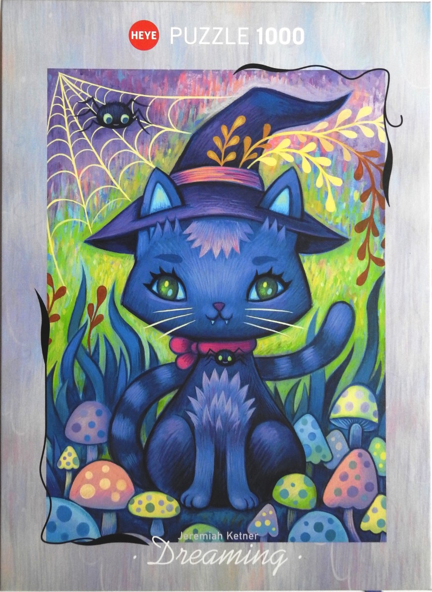 A whimsical illustration of a cute blue cat wearing a witch's hat, surrounded by colourful mushrooms and a spider web.