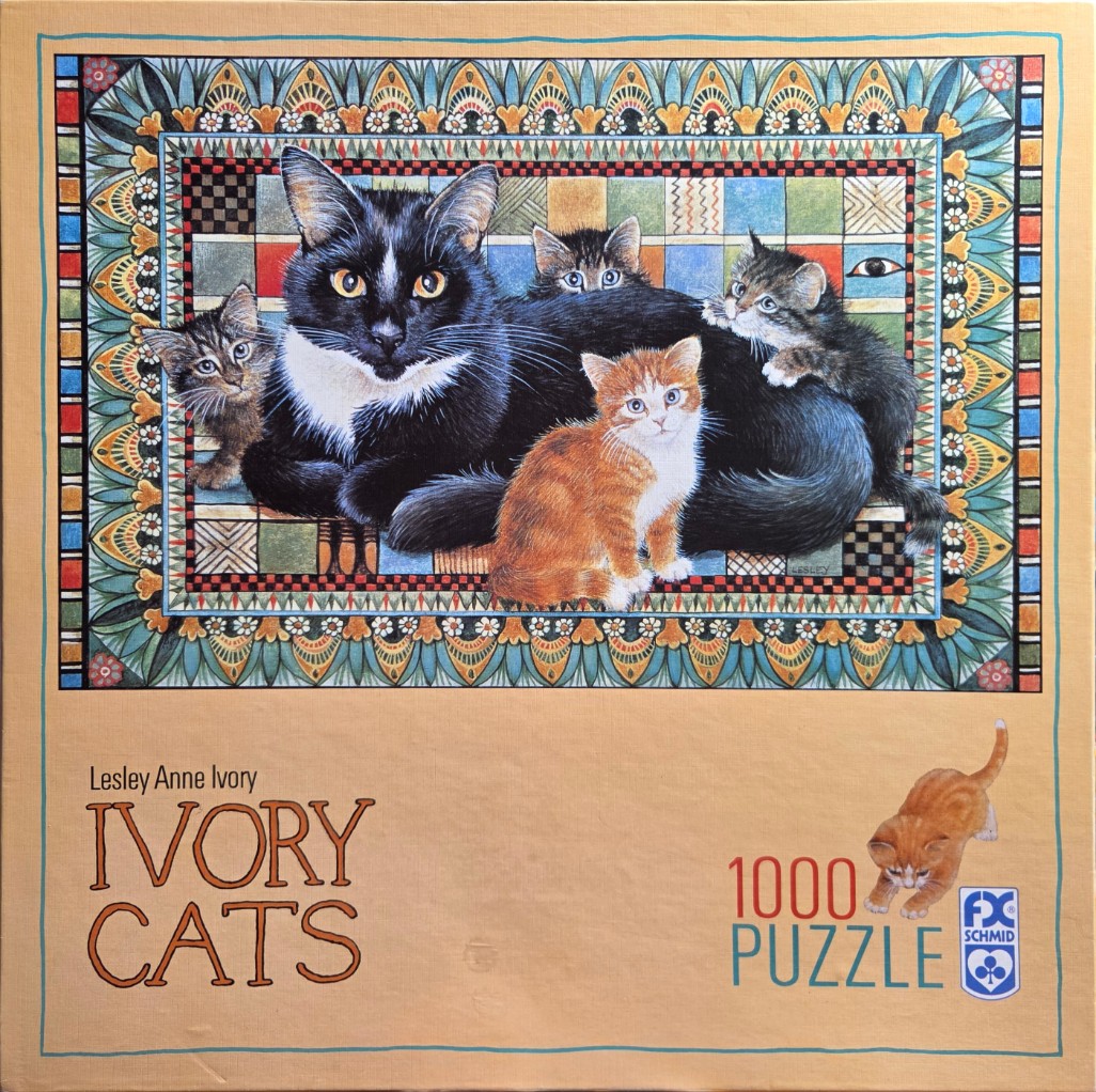 A detailed illustration of a black cat with four kittens resting on a patterned, quilt-like background.
