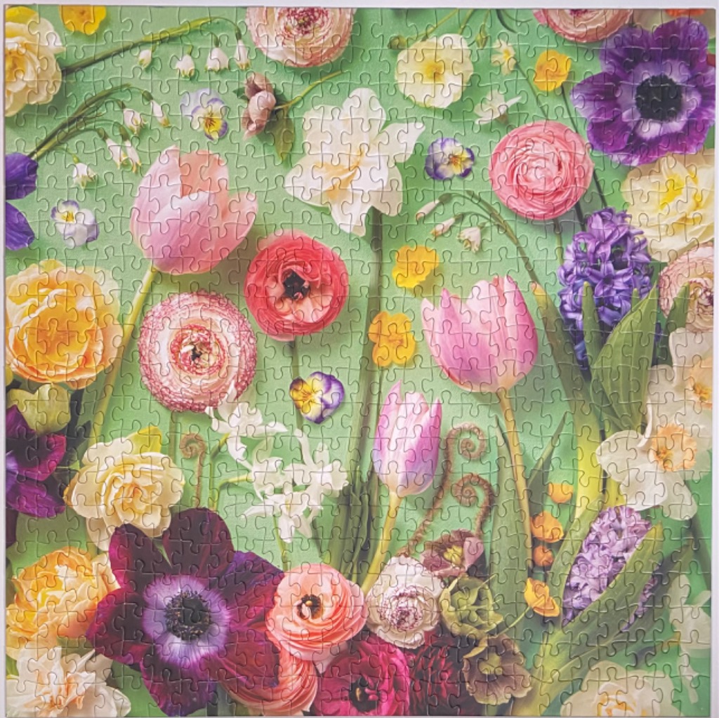 A flat lay illustration of various spring flowers like tulips, ranunculus, and anemones on a light green background.