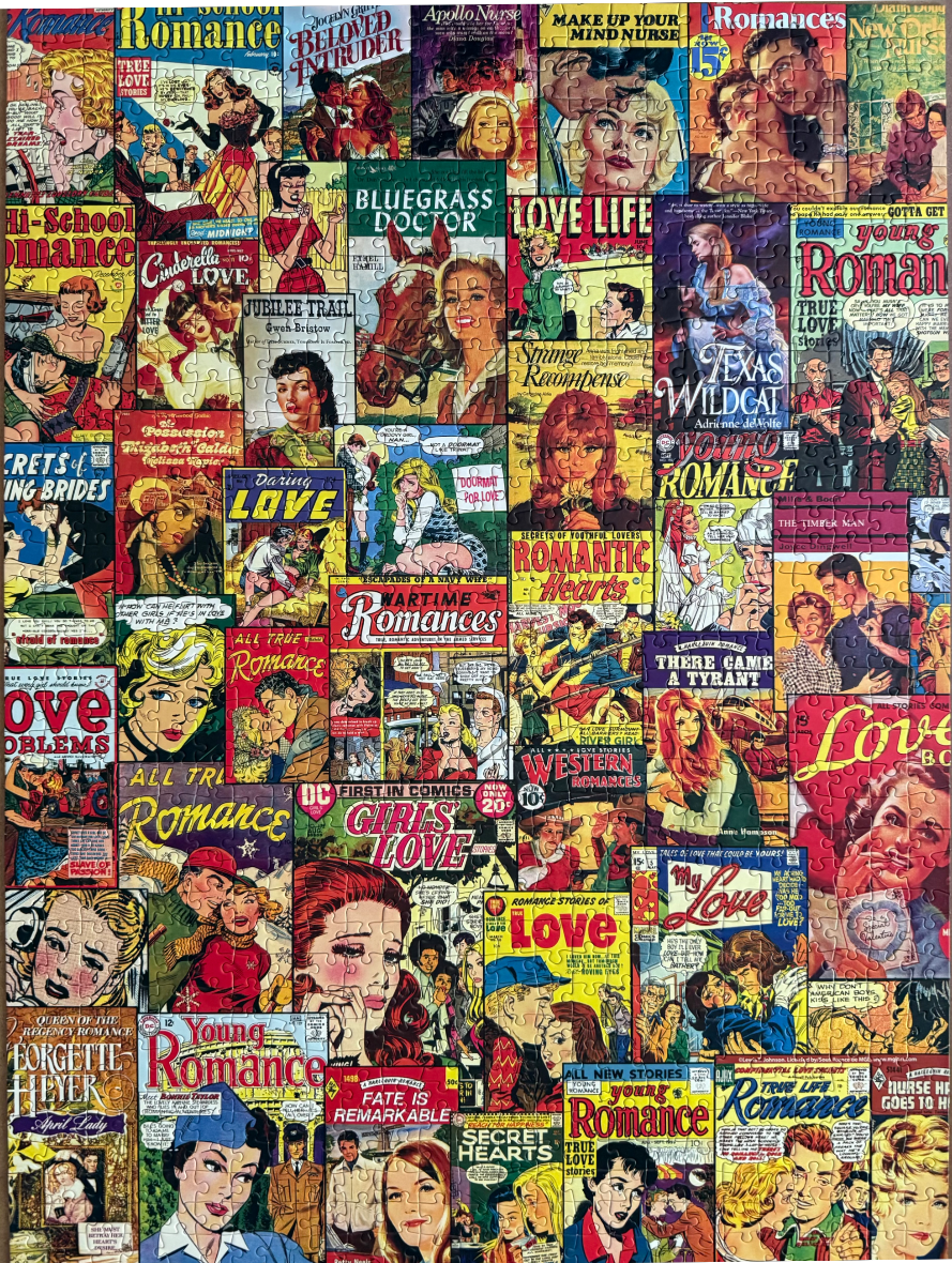 A collage of vintage romance comic book covers featuring dramatic illustrations of couples.