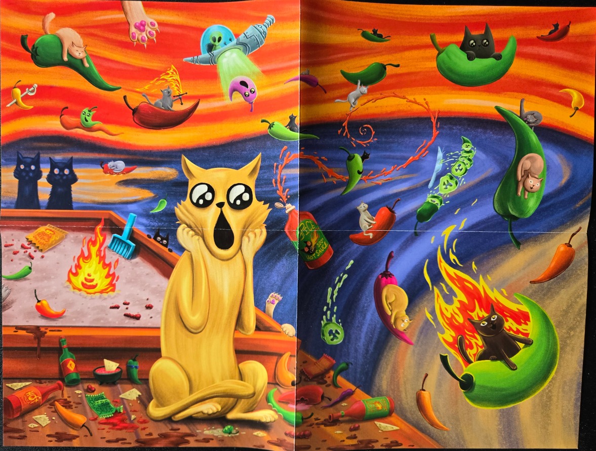 A whimsical illustration of a wide-eyed yellow cat surrounded by flying peppers and smaller cats against a surreal landscape.