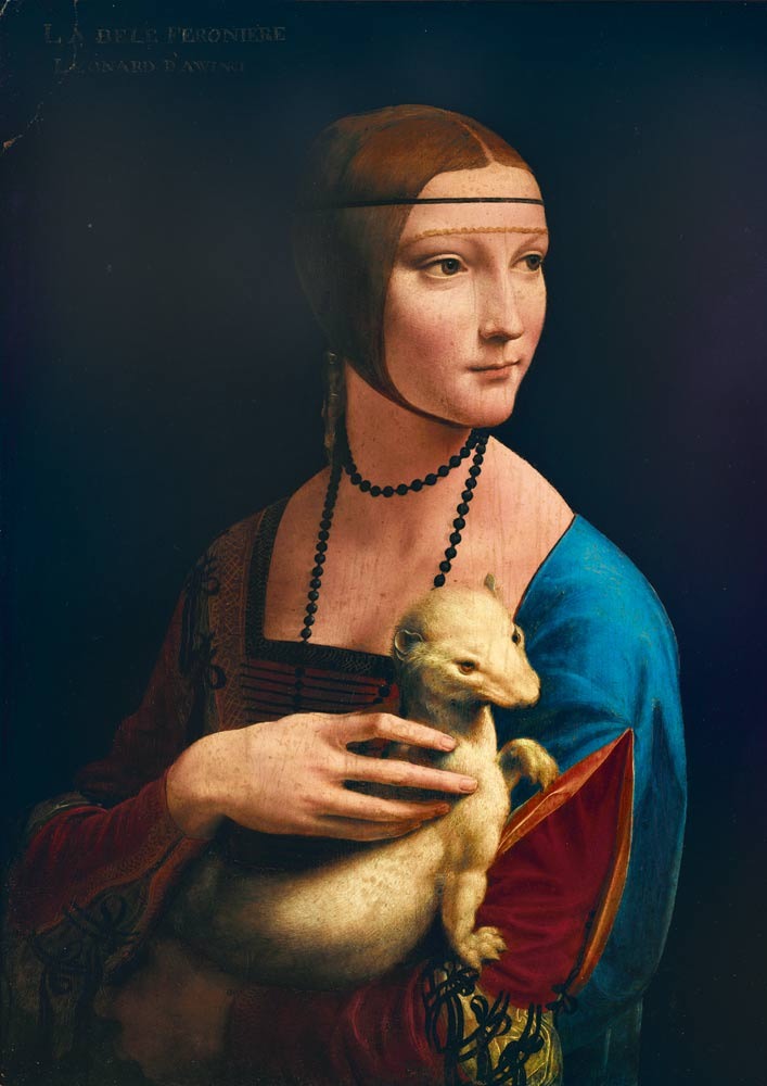 A Renaissance-style portrait of a woman holding an ermine against a dark background.