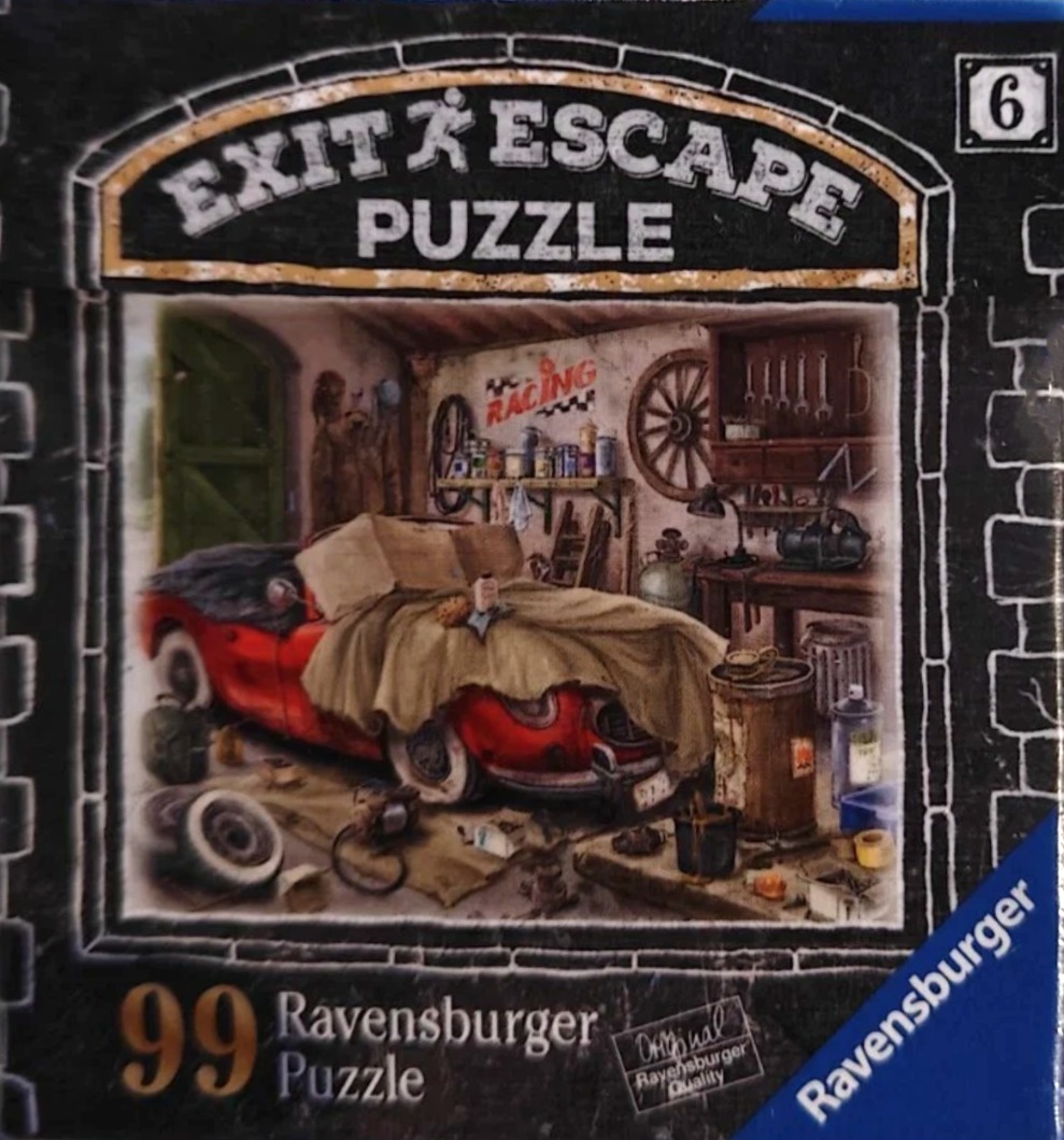 An illustration of a classic red sports car being restored in a cluttered, vintage-style garage.