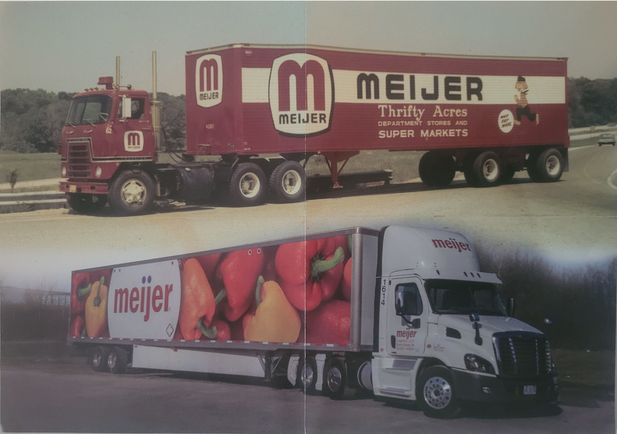 Two semi-trucks from different eras displayed in a split-view image.