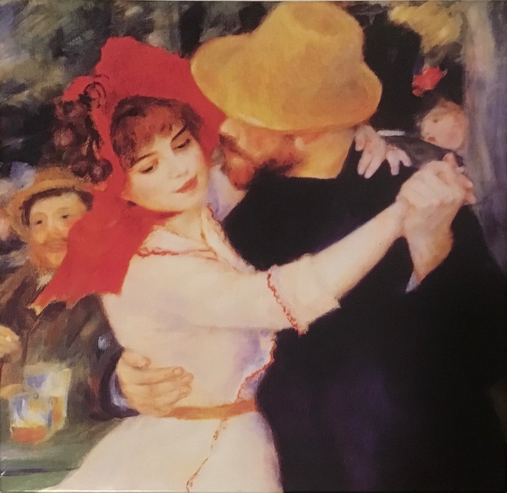 An Impressionist painting of a woman in a red bonnet dancing with a man in a straw hat.