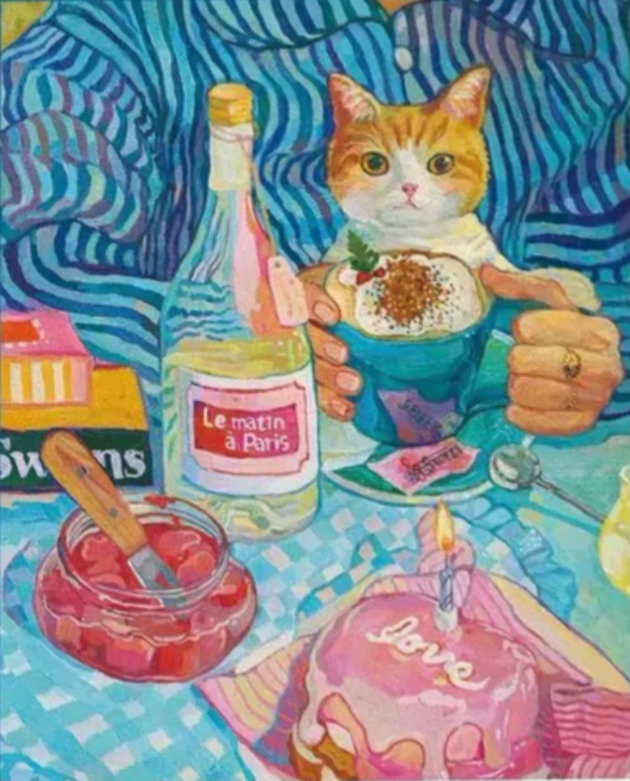 A whimsical illustration of a cat holding a cup of hot cocoa next to a breakfast table with a pink cake and jam.