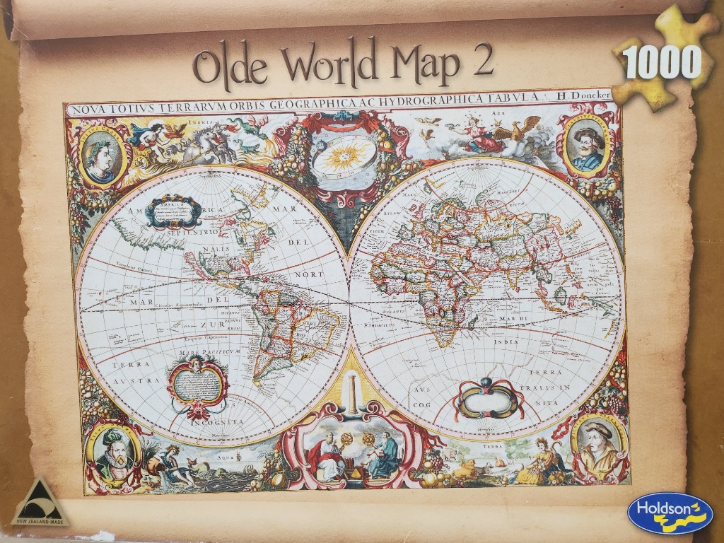 A vintage-style double-hemisphere world map surrounded by ornate, colourful, historical illustrations.