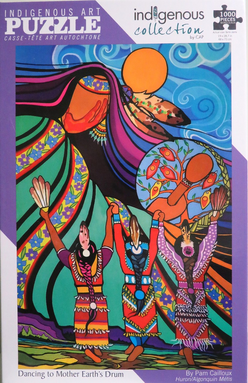 Indigenous art illustration of three women dancing with a hand drum under a stylized sky.