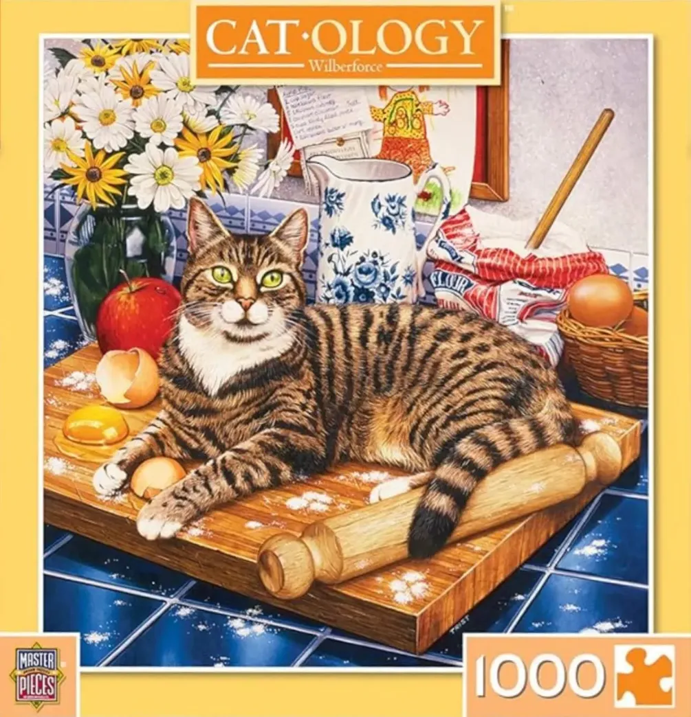 A tabby cat resting on a wooden cutting board in a kitchen setting surrounded by baking ingredients.