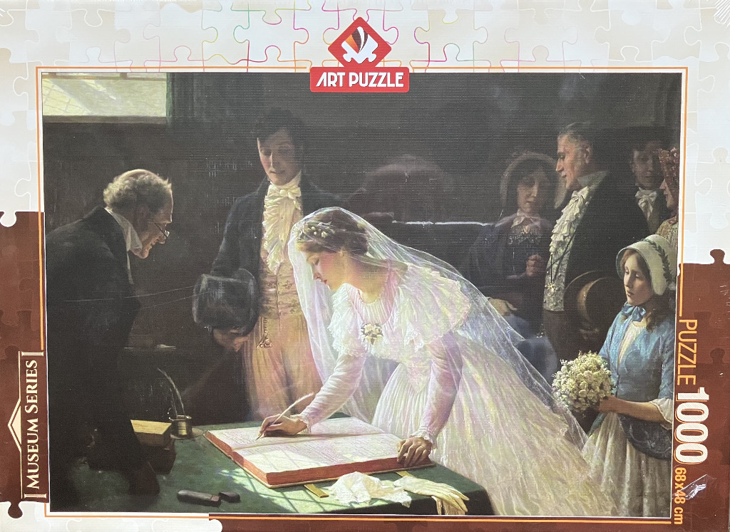 A 19th-century oil painting of a bride signing a marriage register at a table with her groom and wedding party.
