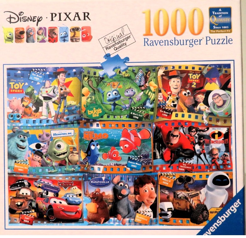 A collage of famous Pixar animated movie characters arranged within film strip frames.