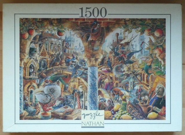 Surreal fantasy scene with architecture, mythical creatures, and rich, layered details in a Renaissance art style.