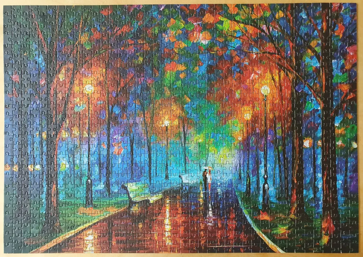 An impressionist oil painting of a couple walking down a rainy, lamplit park path surrounded by colorful autumn trees.