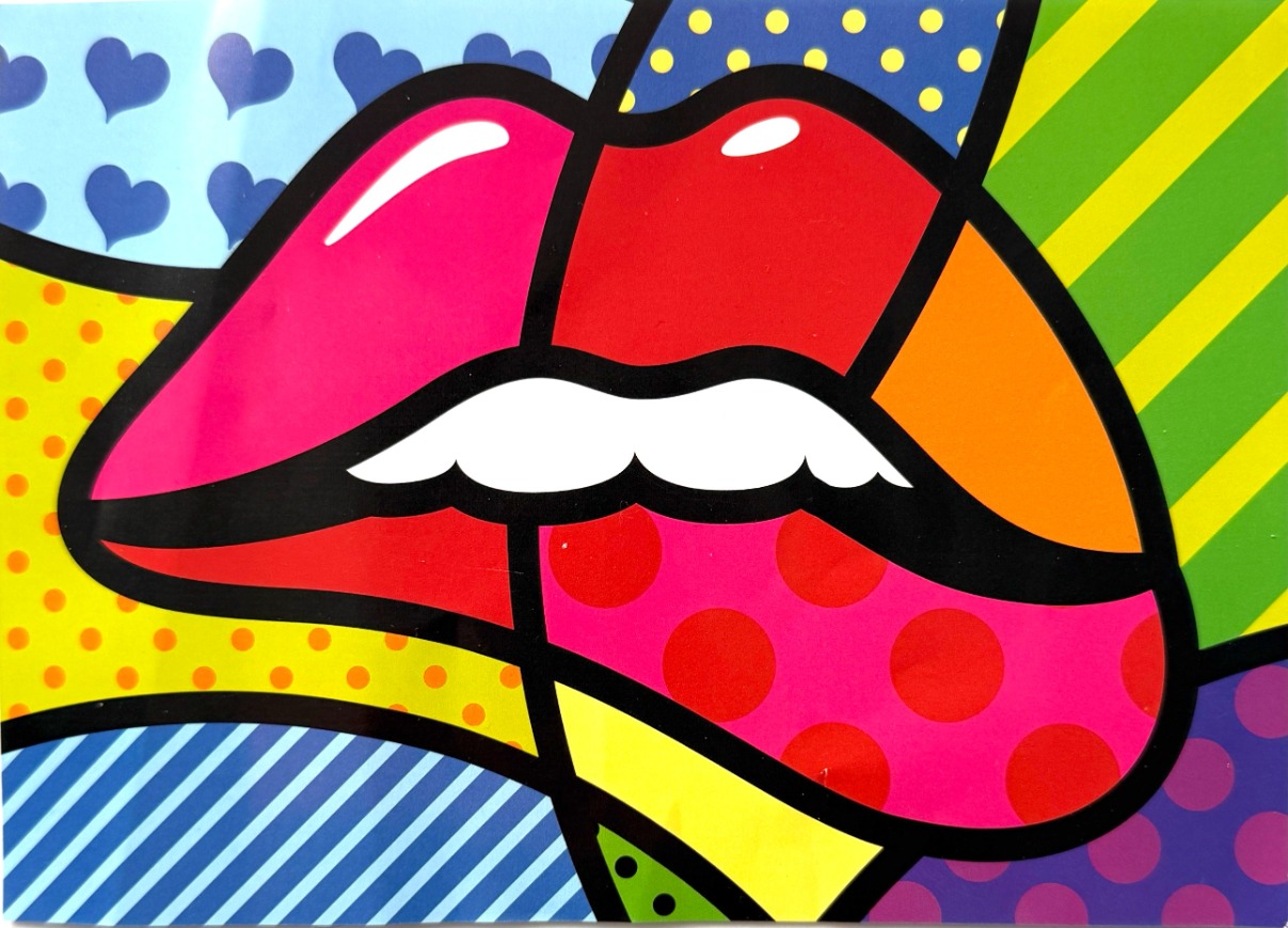 Pop art style illustration of vibrant, multicolored lips on a geometric patterned background.