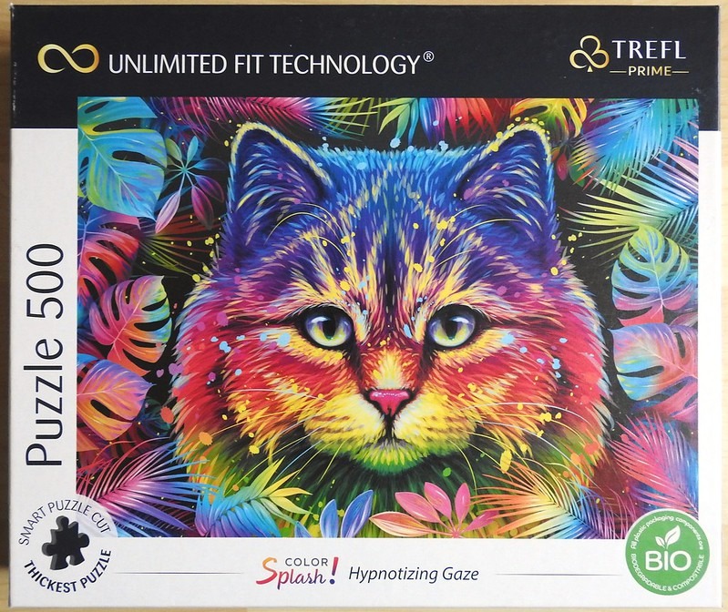 A vibrant, rainbow-colored illustration of a cat's face surrounded by tropical leaves against a black background.