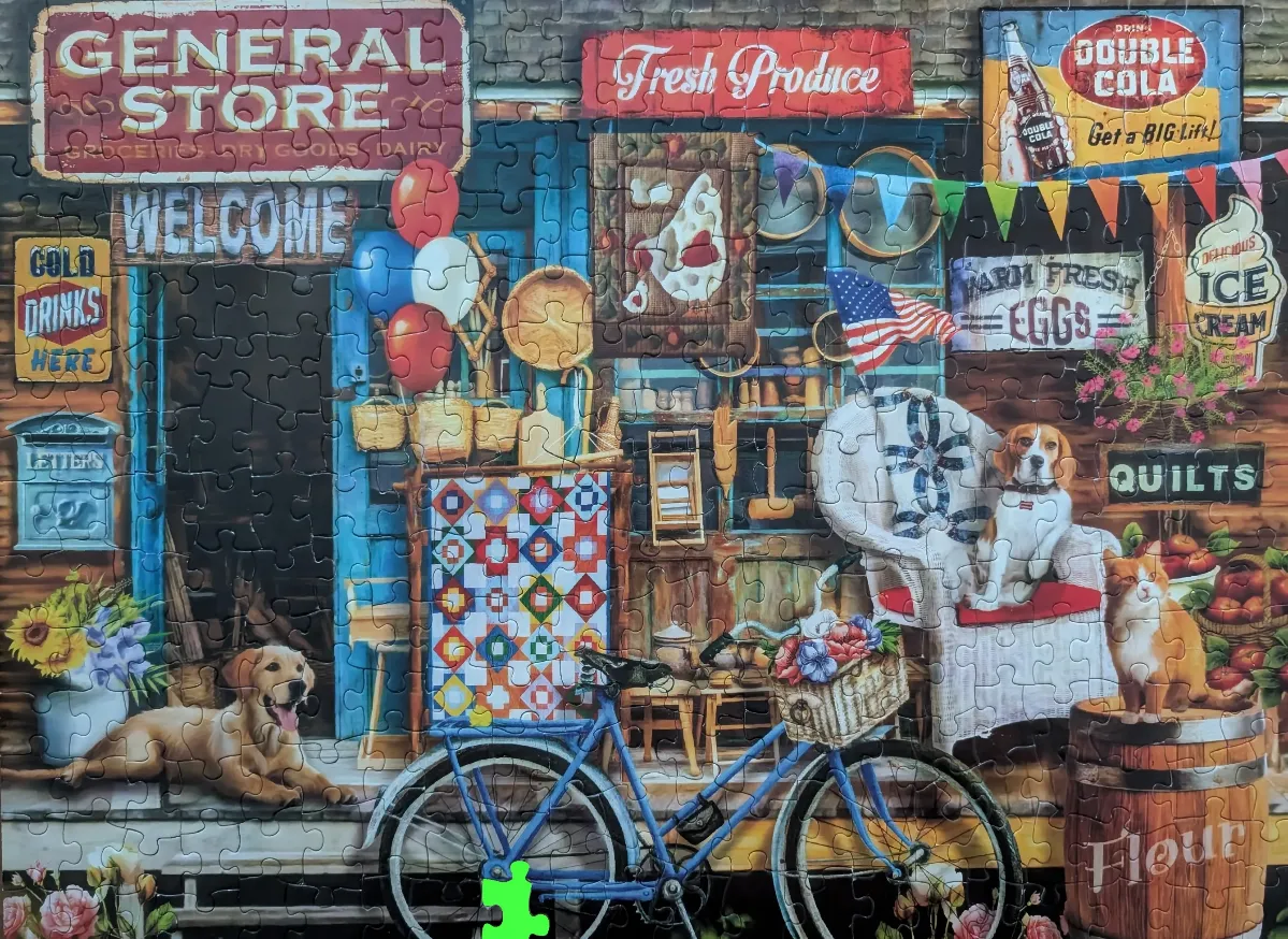 A nostalgic country general store scene with dogs, a bicycle, and vintage signage.