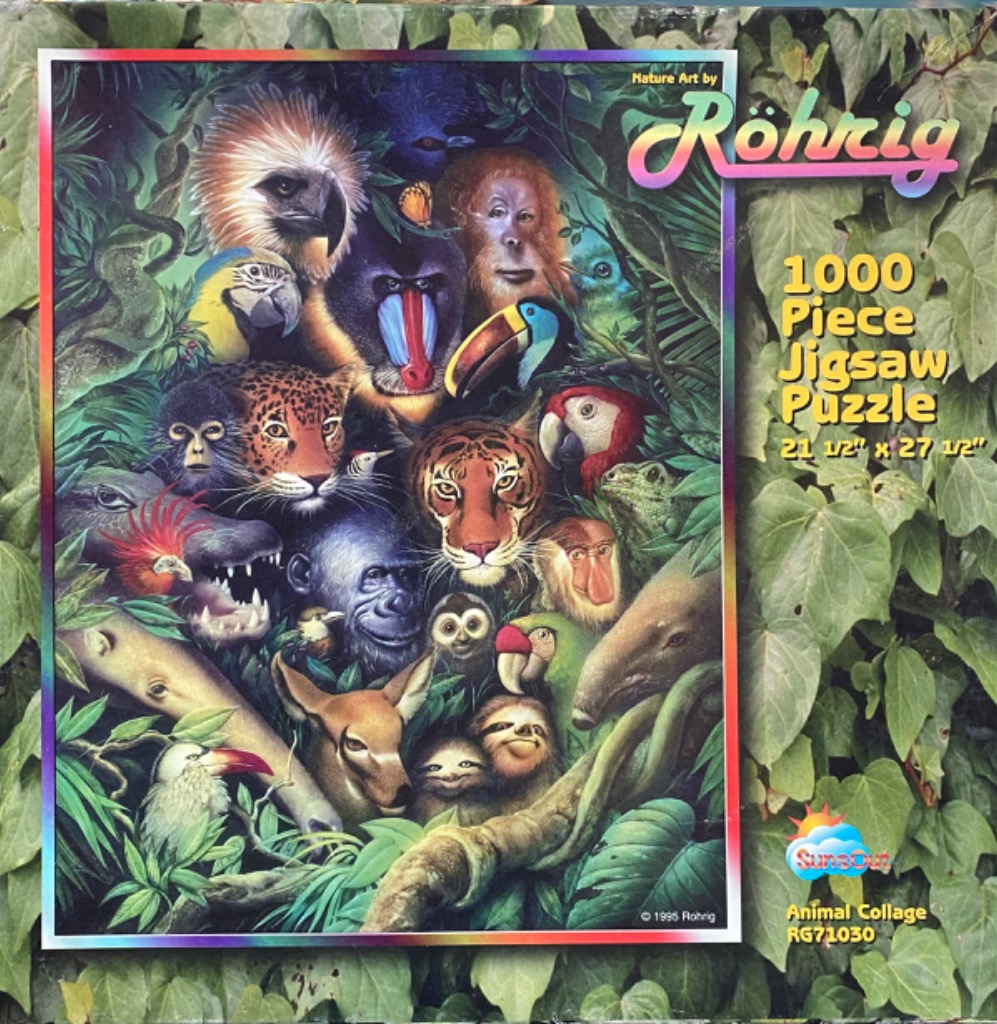 A dense collage of various rainforest animal faces including a tiger, mandrill, orangutan, and macaw.