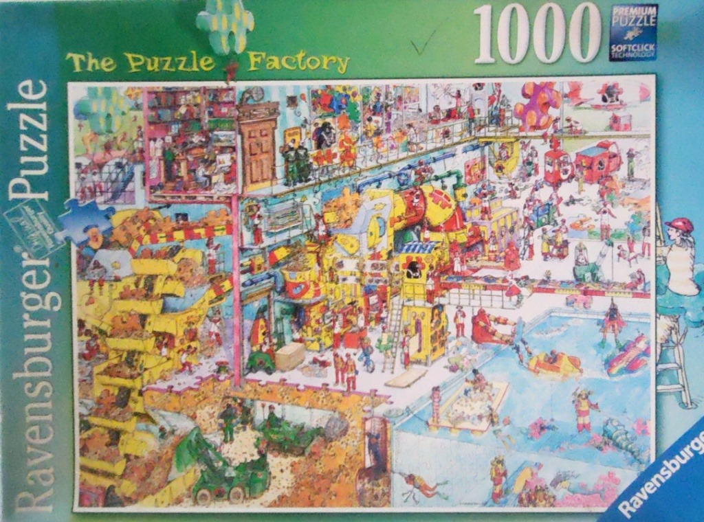 A chaotic, detailed cartoon illustration of a bustling, whimsical factory floor.