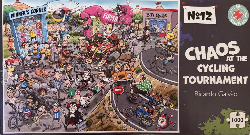 A comedic cartoon illustration depicting the chaotic and bustling scenes of a cycling tournament.